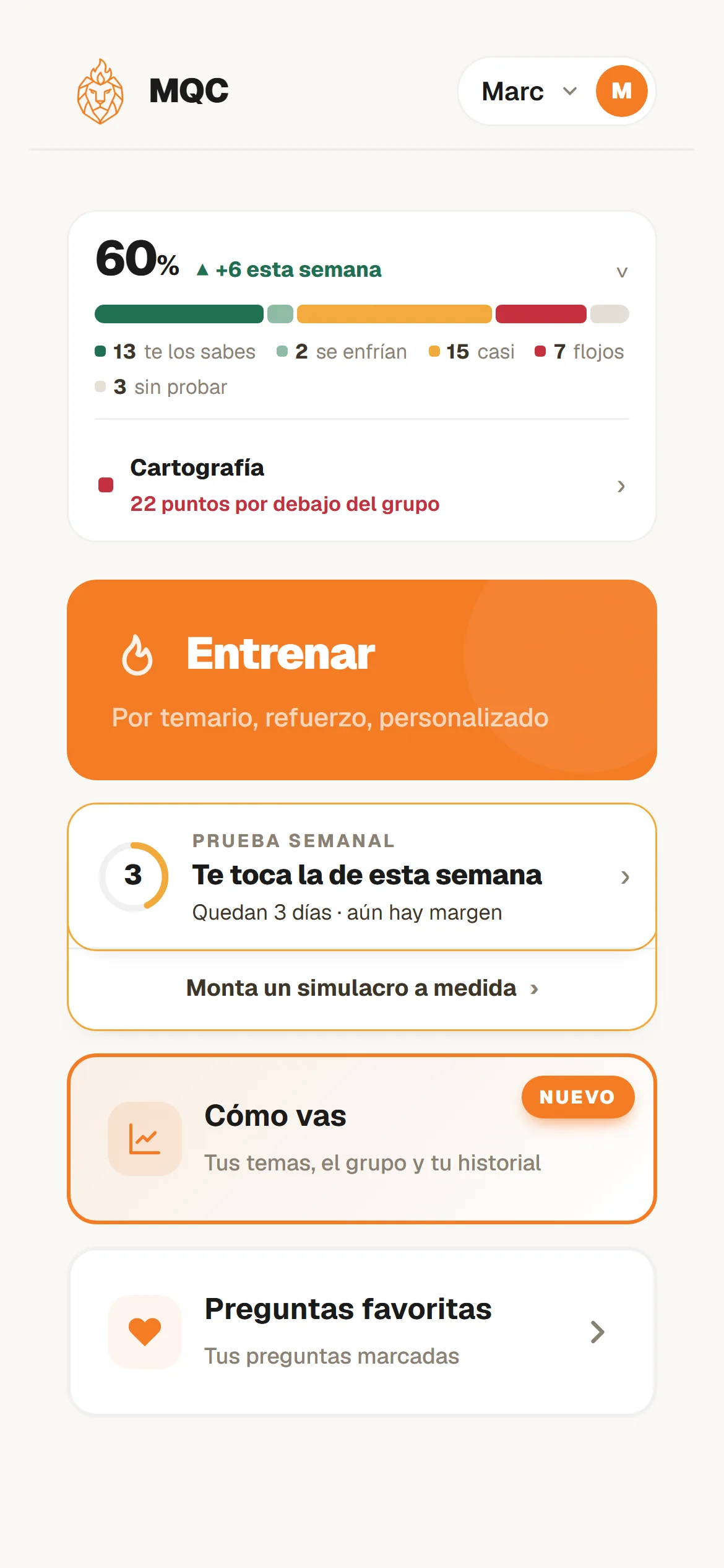 La pantalla de inicio de un alumno: su porcentaje de la semana, los temas que lleva flojos y el botón de entrenar